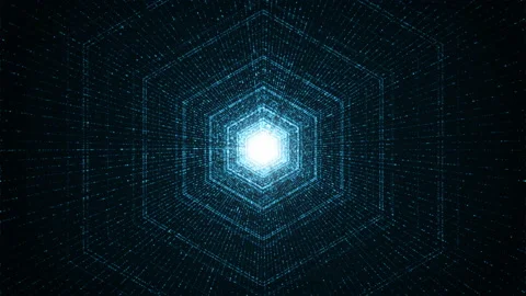 Blue hexagon shape and light beam with digital line technology Stock Footage