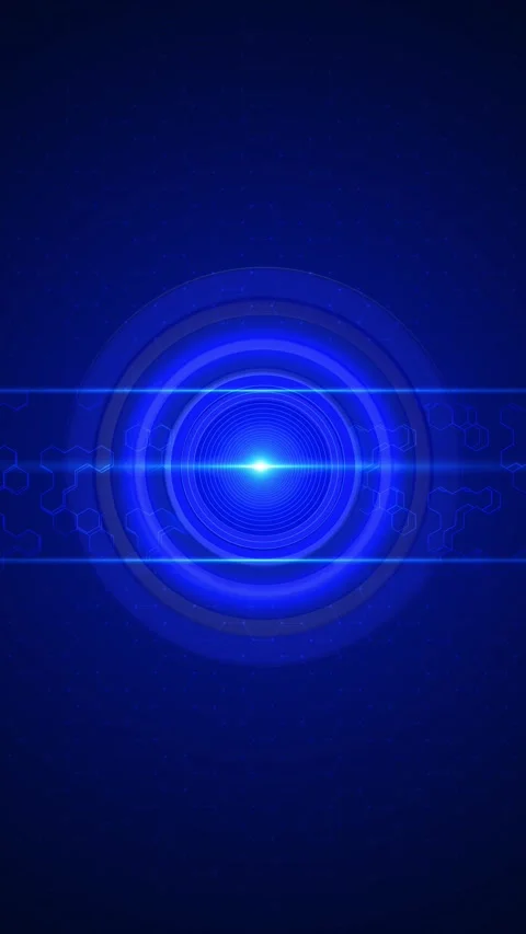 Blue hexagon target HUD background glowing circular lens, bright center flare, Stock Footage 340526190