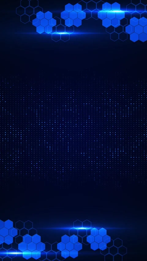 Blue hexagon tech backdrop polygon clusters, dotted matrix texture, lens flares Stock Footage 334100162