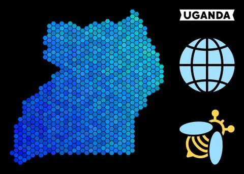 Blue Hexagon Uganda Map Stock Illustration