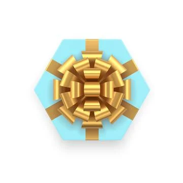 Blue hexagonal festive gift box with golden luxury bow ribbon top view 3d ico Illustrazione stock