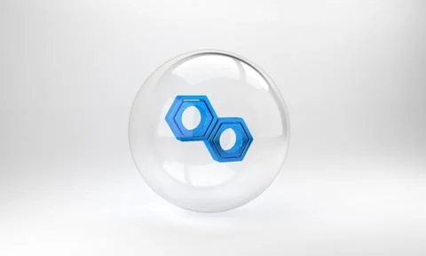 Blue Hexagonal metal nut icon isolated on grey background. Glass circle butto Illustrazione stock