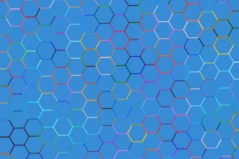 Blue hexagonal pattern background with colorful lines Stock Photos