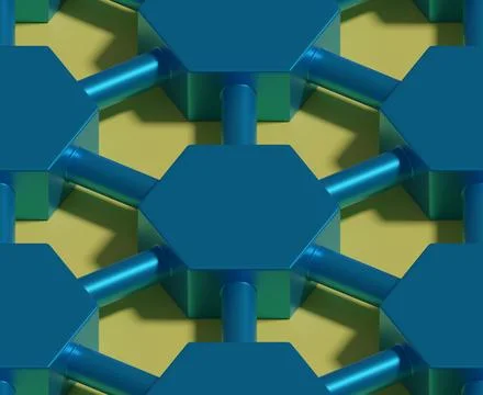 Blue hexagonal prisms interconnected by pipes seamless pattern. Isometric b.. 스톡 일러스트