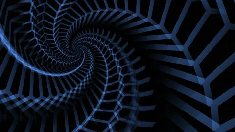 A blue hexagonal spiral structure wraps inwards against a black background with Stock Footage 234590508