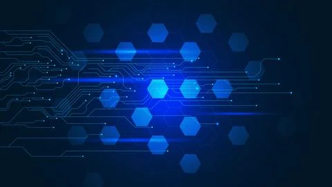 Blue hexagons with electronic circuit board. Stock Illustration