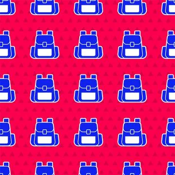 Blue Hiking backpack icon isolated seamless pattern on red background. Camping 库存插图