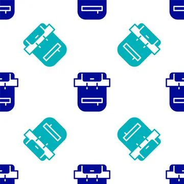 Blue Hiking backpack icon isolated seamless pattern on white background. Camping Illustrazione stock