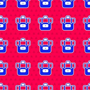 Blue Hiking backpack icon isolated seamless pattern on red background. Camping Stock Illustration