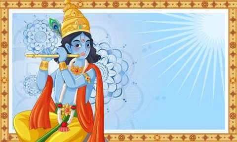 Blue Hindu Deity Playing Flute with Mandala Background and Copy Space Stock Illustration