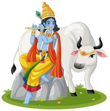 Blue Hindu Deity Playing Flute Beside White Cow Vector Illustration Stock Illustration