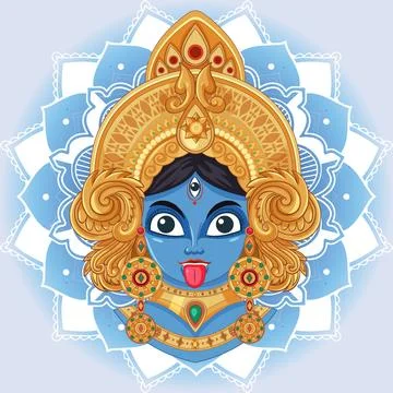 Blue Hindu Goddess Kali Vector Illustration with Golden Crown and Mandala Stock Illustration