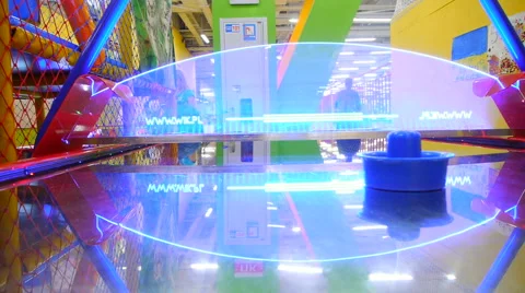 Blue Hockey bit for a game of air hockey, close-up, panorama from left to right Stock Footage