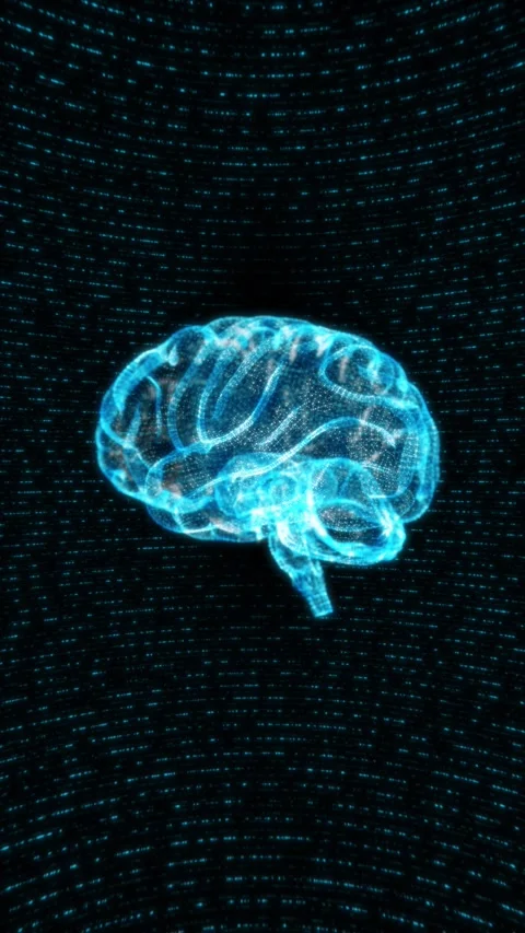 Blue hologram brain data glowing neural anatomy, digital matrix dots, and futuri Stock Footage 340566613