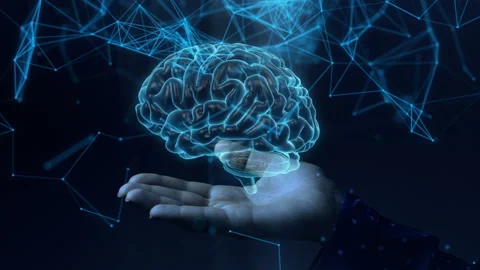 Blue hologram humans brain structure rotating in a woman hands. Видео 105420144
