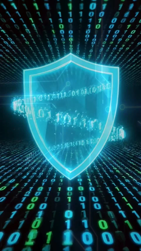 Blue Hologram Shield with Matrix Binary Code Background Stockbeeldmateriaal 336042771
