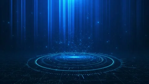 Blue hologram stage platform background glowing circular rings, vertical light b Stock Footage 340412496