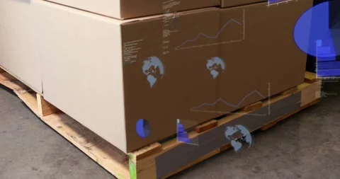 Blue holographic data overlay forming on stacked boxes while camera shifting Stock Footage 317207078