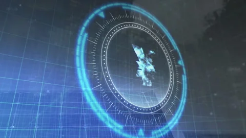 Blue holographic elements rotating on futuristic digital interface with grid Stock Footage 305864889
