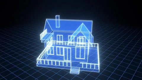 Blue Holographic Wireframe Scan of a House on Grid Floor Vídeo Stock 347721753