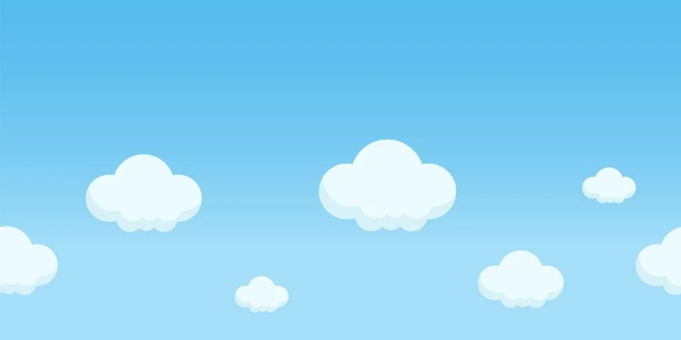 Blue horizontal background with white clouds. Patterned clear sky design. Stock Illustration