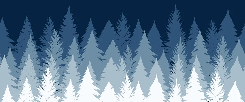 Blue horizontal seamless border, forest tree silhouette vector background Stock Illustration
