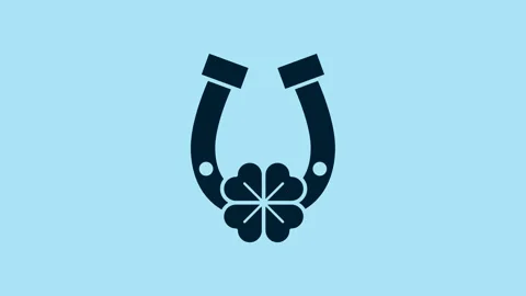 Blue Horseshoe with four leaf clover icon isolated on blue background. Happy Stock Footage 231449706