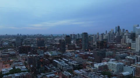 Blue hour above Chicago's River North neighborhood with Willis Tower and downtow Stock Footage 337312990