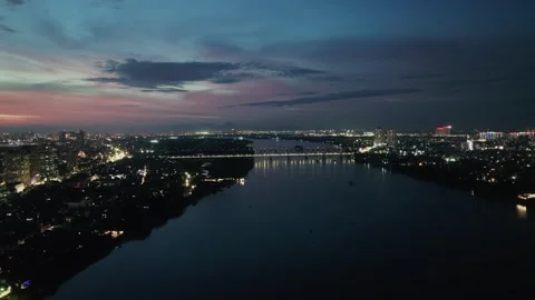 Blue Hour Aerial of Red River through Central Hanoi Vietnam Stock Footage 337787491