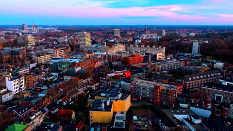 Blue Hour Drone Flight Eindhoven City Centre 4K Colorful Evening Sky Vidéo 334402552