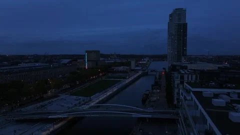 Blue Hour Drone Flight Over Brussels Canal District Stock Footage 337148020
