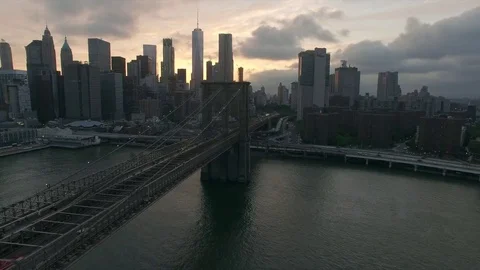 Blue hour drone view of Brooklyn bridge Stock Footage 76917329