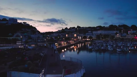 Blue Hour over Torquay Marina from a drone, English Riviera, Torbay, Devon Stock Footage 203059357
