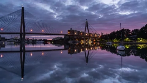Blue Hour Reflection Over Anzac Bridge Sydney Timelapse Stock Footage 141891033