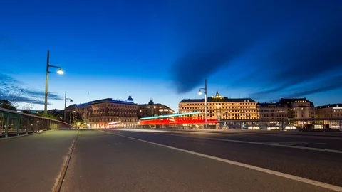 Blue hour Sunset time lapse Norrmalm traffic in Stockholm, Sweden Stock Footage 95978329
