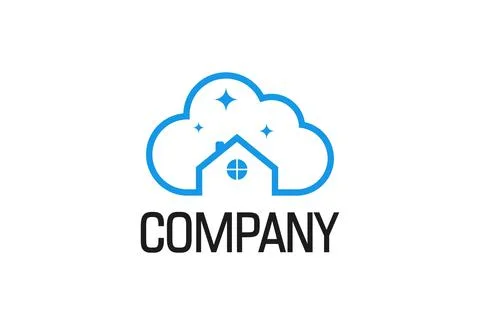 Blue House Building with Cloud Line Art Logo Design Concept	 Illustrazione stock