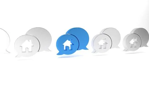 Blue House building in speech bubble icon isolated on white background. Rea.. Stock Illustration