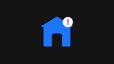 Blue house icon with red exclamation mark notification on dark. House icon .. Stock Footage 337130903
