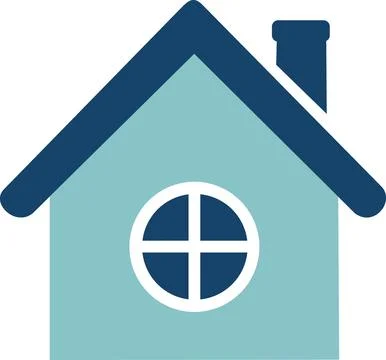 Blue house icon with round window sign Ilustración de archivo