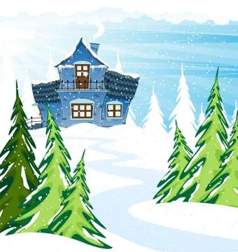 Blue house  in a pine forest Stock Illustration