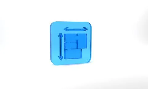 Blue House plan icon isolated on grey background. Glass square button. 3d Ilustración de archivo