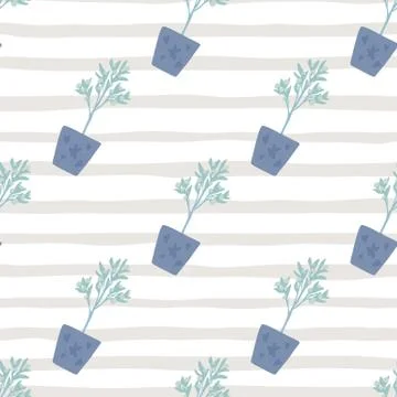 Blue houseplant elements seamless pattern. Light purple and white stripped ba イラスト素材