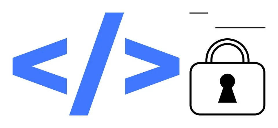 Blue HTML code tags and black padlock with keyhole symbolize internet securit Stock Illustration