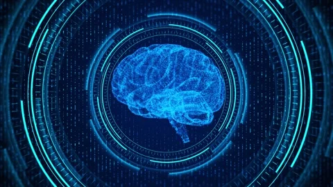 Blue HUD brain interface circular scan rings, falling code, digital data, and fu Stock Footage 340456172