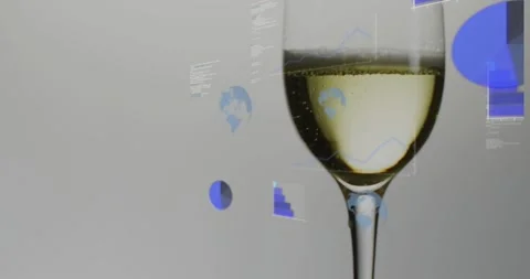 Blue HUD elements appearing from right, floating around sparkling glass, Stock Footage 321100130