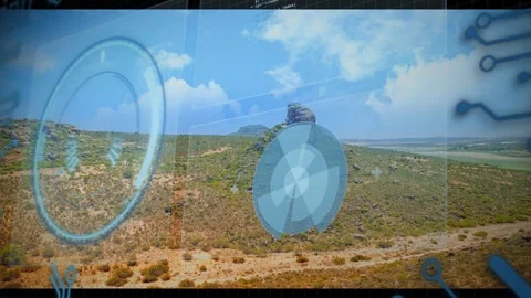 Blue HUD elements fading in, radial disc rotating and pulsing, panels sliding, Stock Footage 334694186