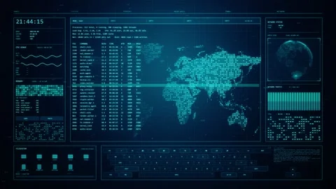 Blue HUD Futuristic Interface with Digital World Map and Data Scanning Stock Footage 341667506
