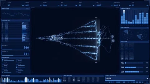 Blue HUD interface with a particle fighter jet scan telemetry feed radar return Vídeo Stock 344793109