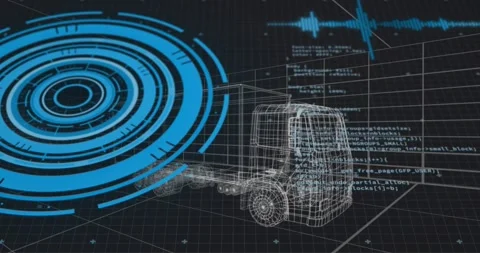 Blue HUD materializing triggers wireframe truck appearing and code scrolling to Stock Footage 329223633