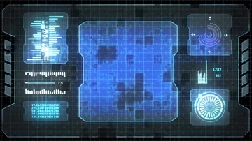 Blue HUD screenwith different scientific indicators and frames Stock Footage 85747773